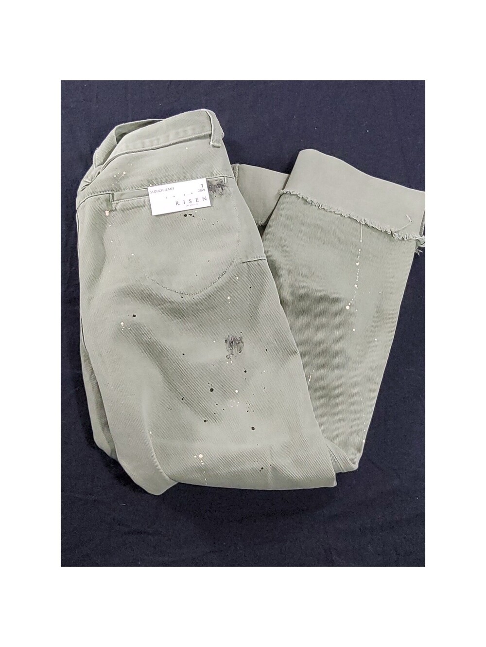 Risen Slouch Jeans Crop Pants Sz 7/28 Green Paint Splatter Raw Hem Belt NWT